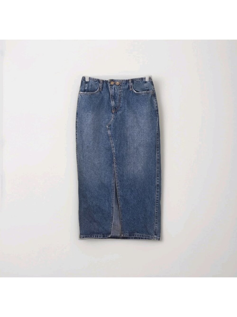 ZARA Blue Denim Midi Skirt M High Waist Front Slit Western Cotton Minimalist